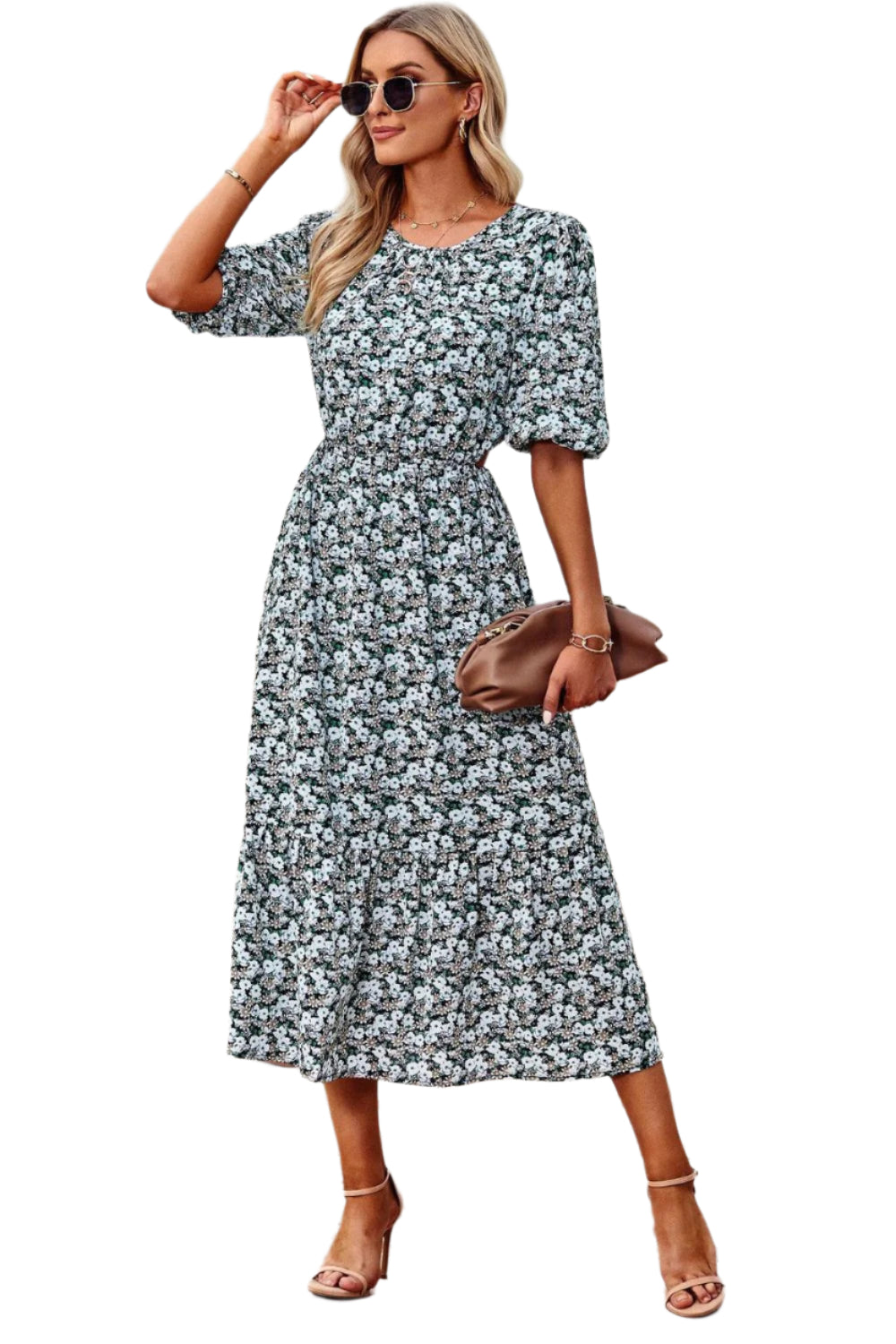 Kvinnor Midi Klänning Puffärmar Blommönster Polyester 0