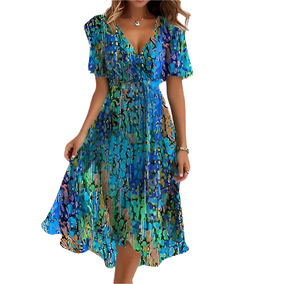 Kvinnors Asymmetrisk Klänning med Djup V-ringning och Abstrakt Mönster 0