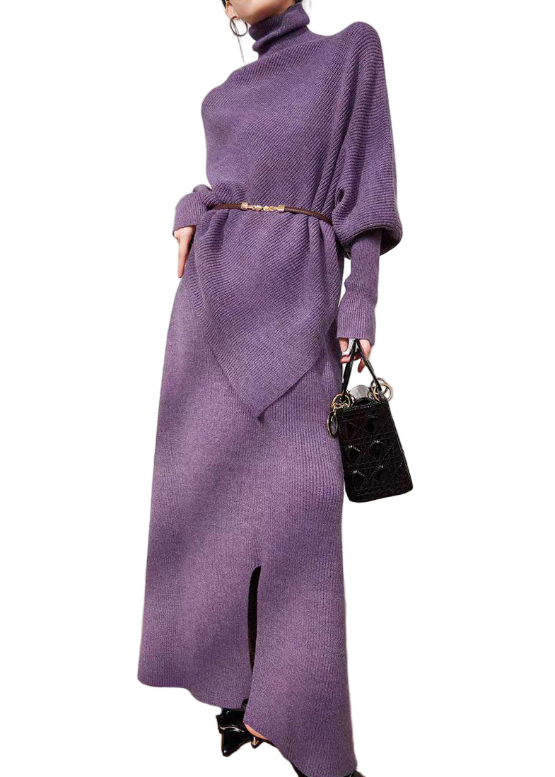 Kvinnors Asymmetrisk Stickad Set med Hög Hals 2