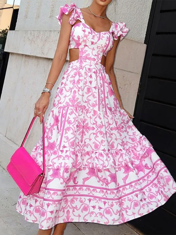 Kvinnors Blommig Klänning Urtagning Polyester Hjärta Halsringning 1