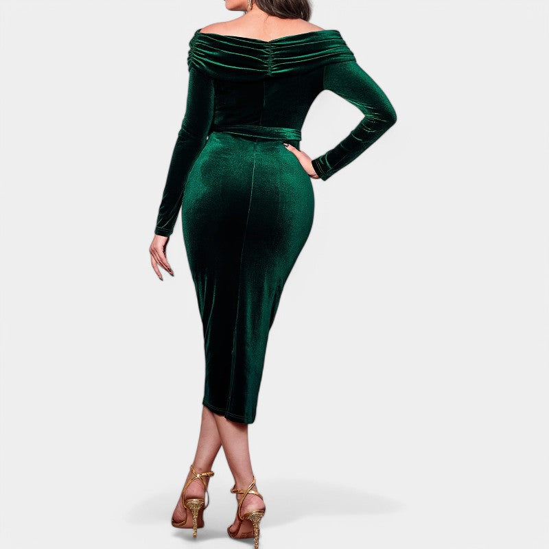 Kvinnors Bodycon Klänning i Slinky Sammet med Långa Ärmar 2