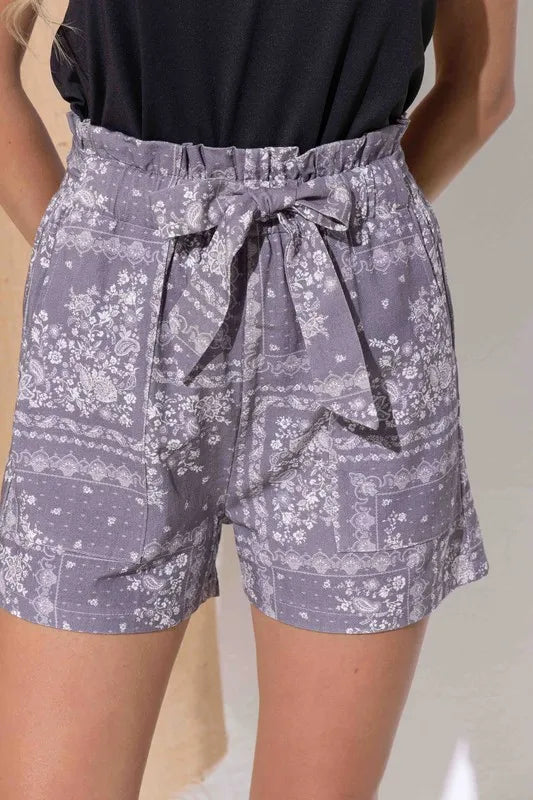 Kvinnors Boho Print Linne Casual Shorts Med Tied Midja 7