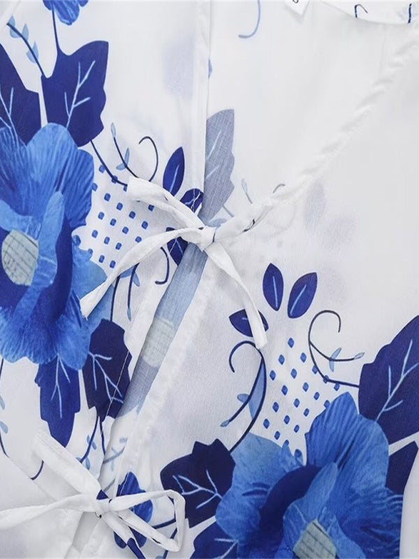 Kvinnors Crop Top V-ringad Blommig Kortärmad Vävd Material 3