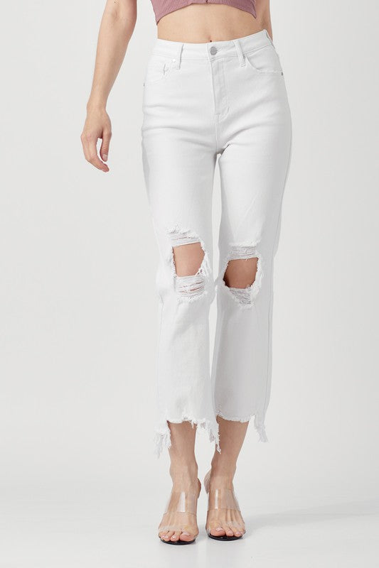 Kvinnors Cropped Jeans Hög Midja Raka Bomull och Elastan 2