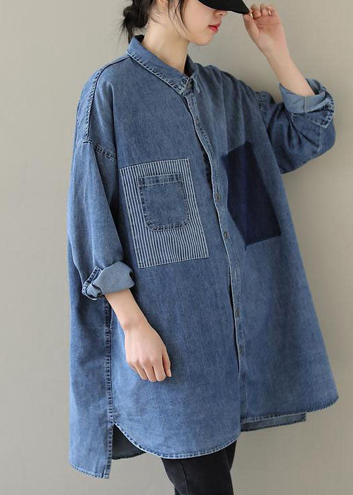 Kvinnors Denim Blus med Peter Pan Krage Avslappnad Stil 0