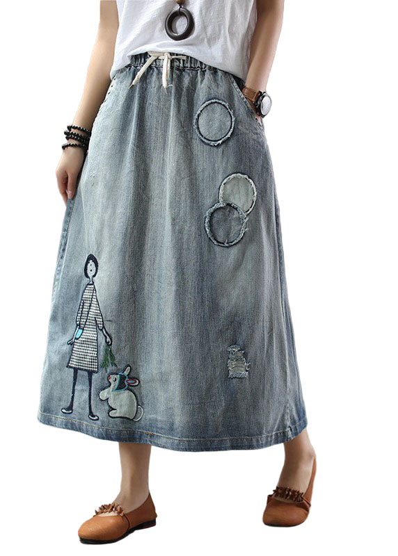 Kvinnors Denimkjol Broderad Med Lappteknik 0