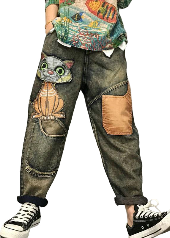 Kvinnors Haremjeans med Kattbroderi och Patchworkdesign 0