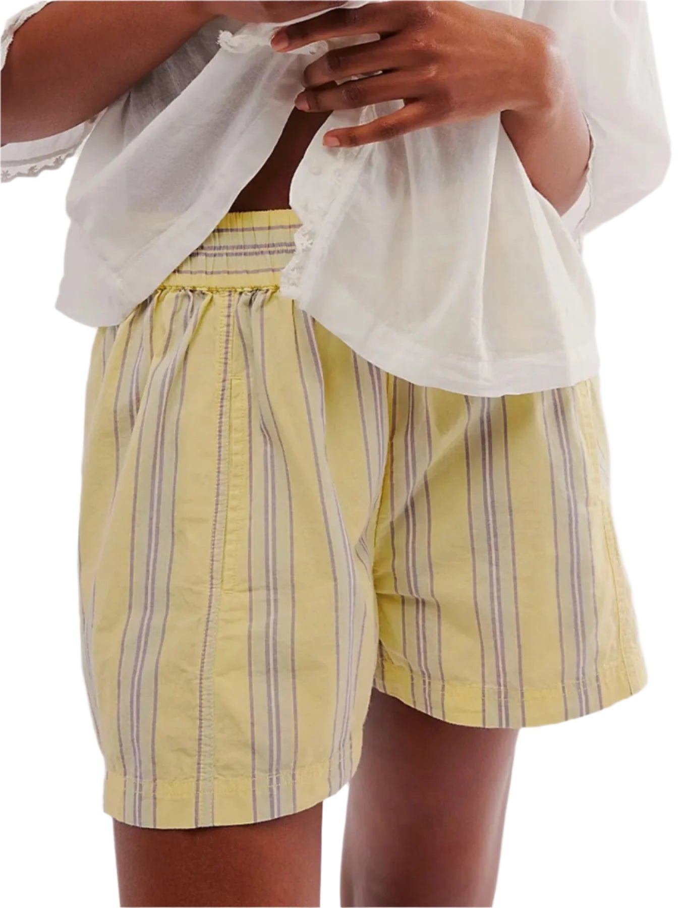 Kvinnors Högmidjade Sommarshorts Randig Linneblandning 0