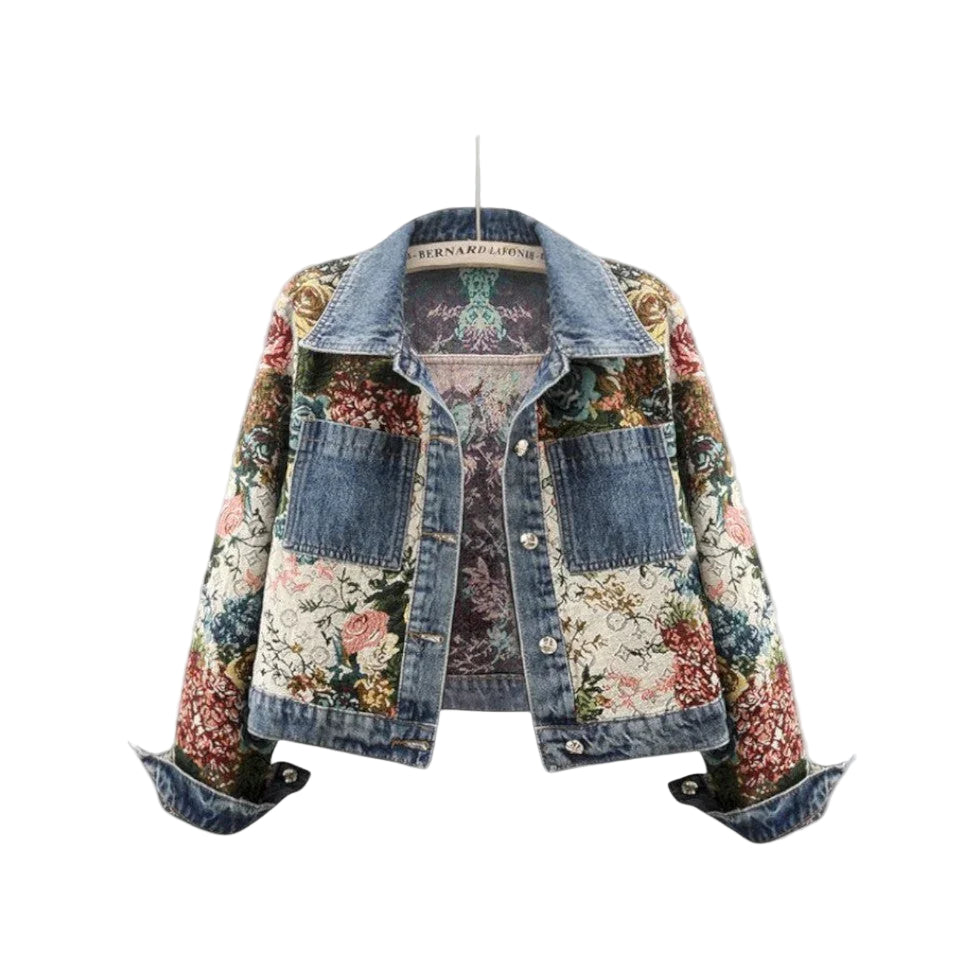 Kvinnors Jeansjacka med Blommigt Patchwork i Boho Stil 0