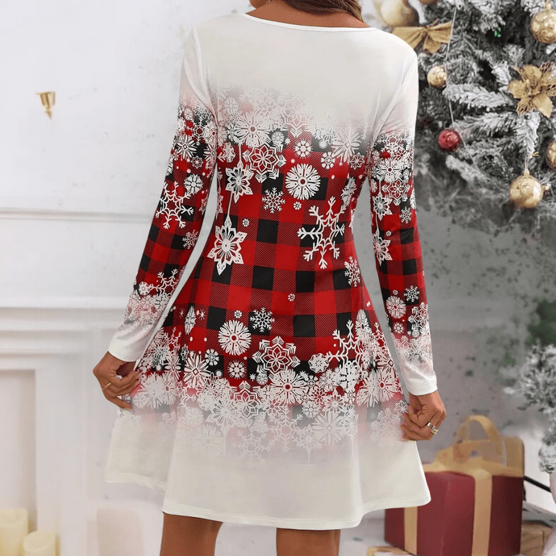 Kvinnors Julklänning med Snöflingor i Röd Rutig Design 5