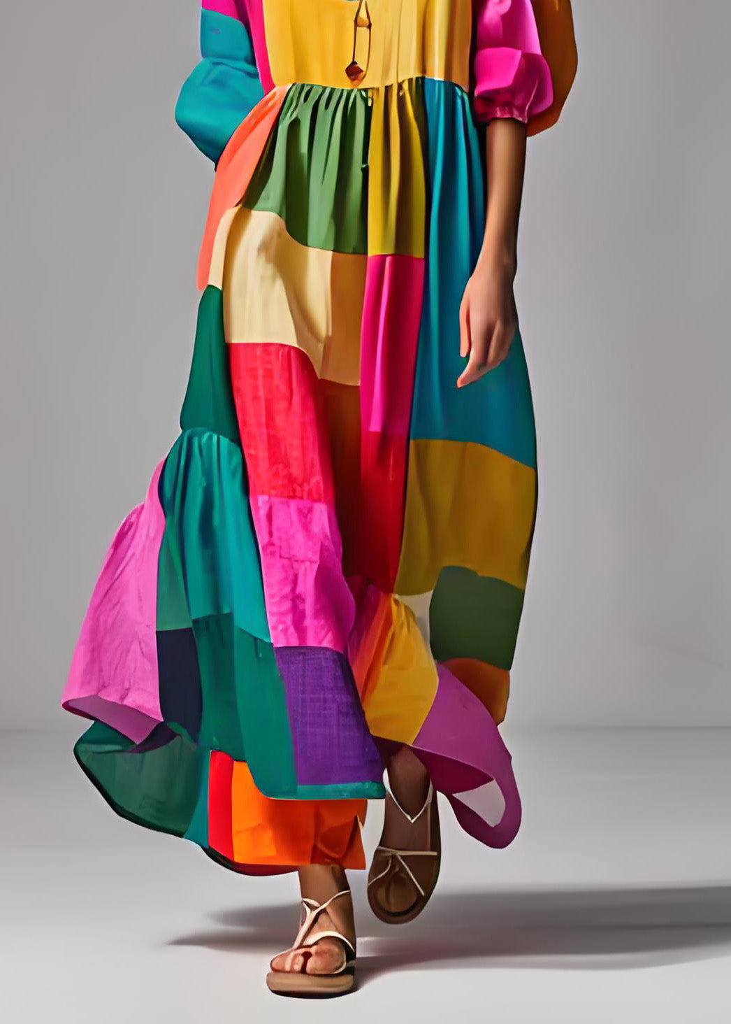 Kvinnors Klänning med Puffärmar U-hals Patchwork Stil 4