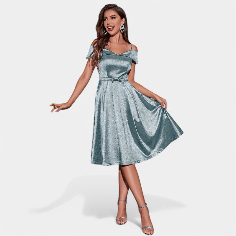 Kvinnors Knälång Klänning V-ringad Satinliknande Med Avtagna Axlar 9