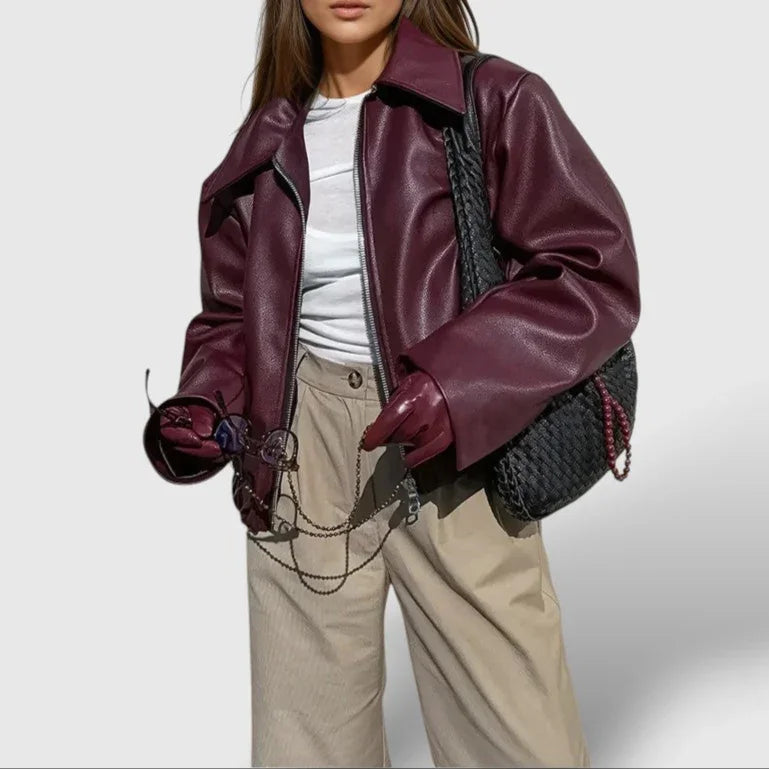 Kvinnors Läderjacka Med Dragkedja Stilig 1