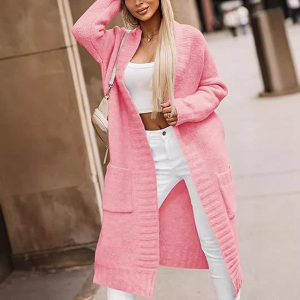 Kvinnors Lång Cardigan Öppen Framsida med Fickor 1