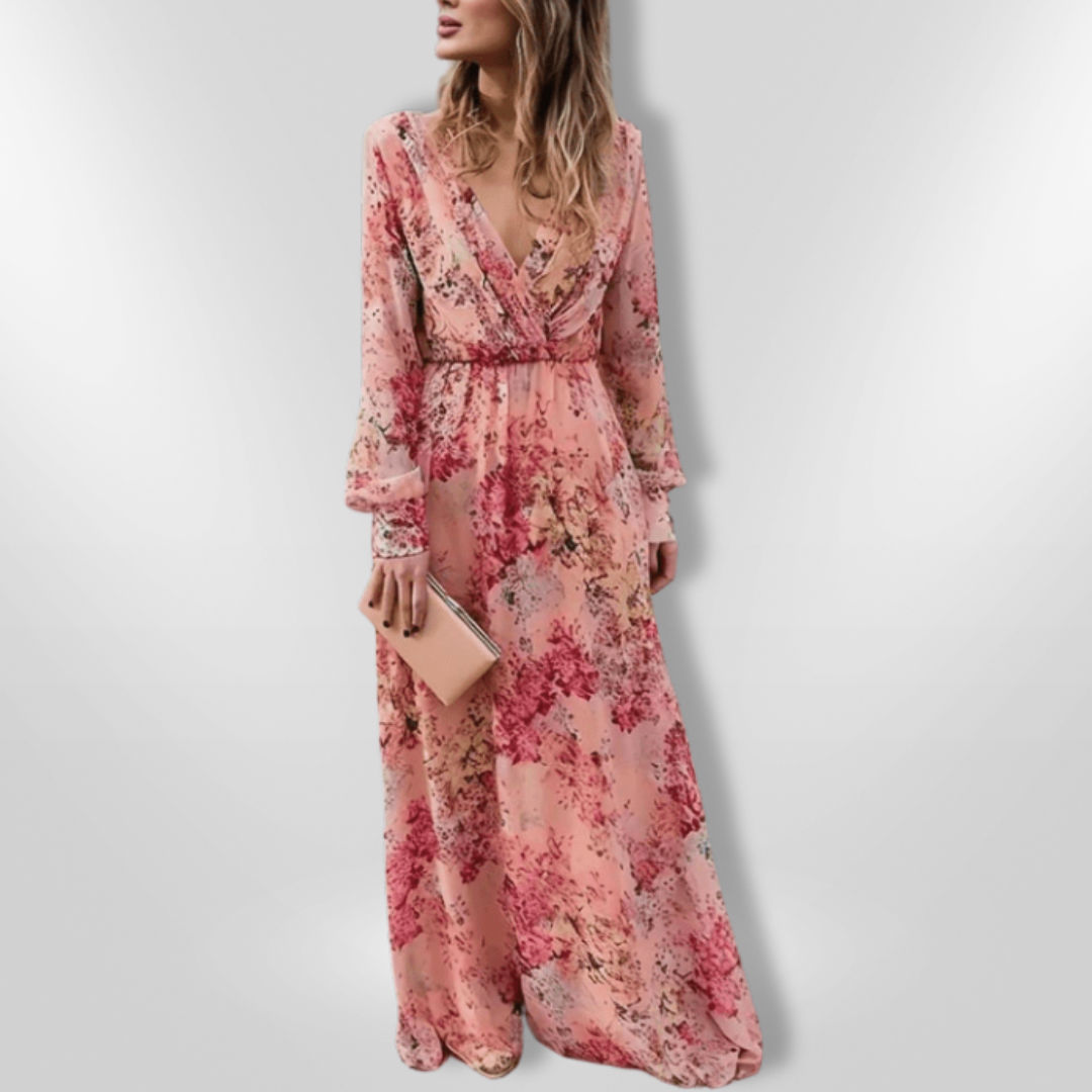 Kvinnors Lång Klänning Romantisk Blommig Polyester V-Ringning 2