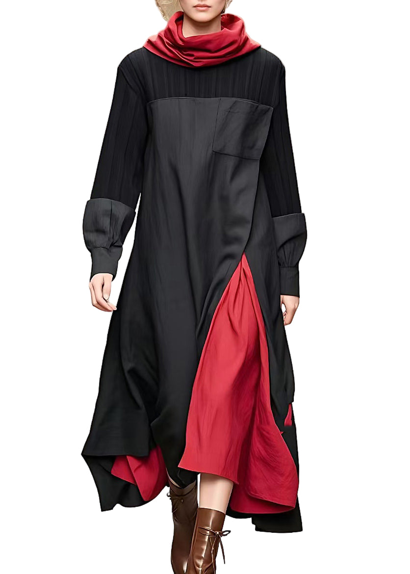 Kvinnors Lång Klänning Turtleneck Patchworkdesign 0