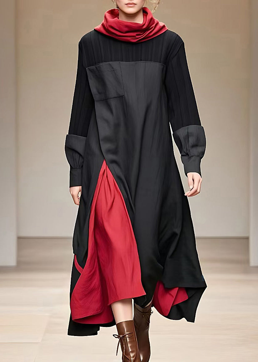 Kvinnors Lång Klänning Turtleneck Patchworkdesign 1