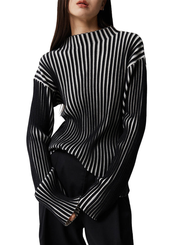 Kvinnors Långärmad Top med Stativkrage Randig Design 0