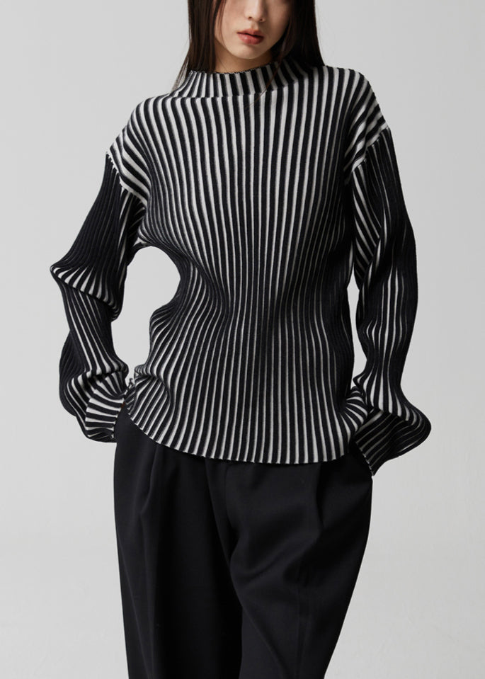 Kvinnors Långärmad Top med Stativkrage Randig Design 1