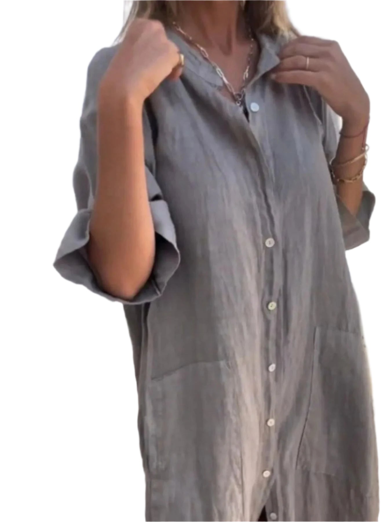 Kvinnors Linneklänning Knappfront Lång Ärmar Polyester 0