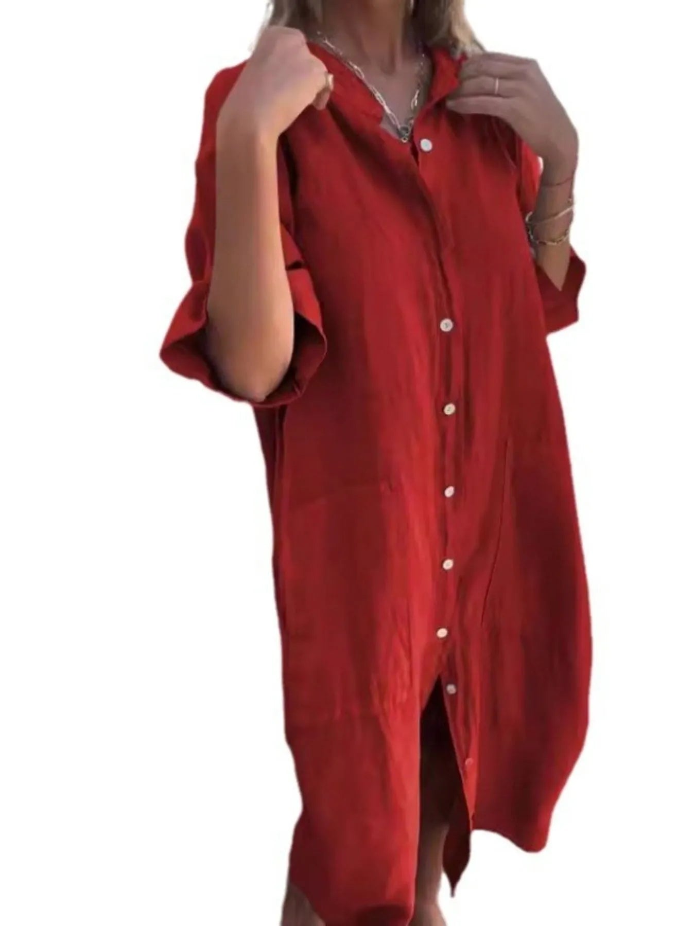 Kvinnors Linneklänning Knappfront Lång Ärmar Polyester 11