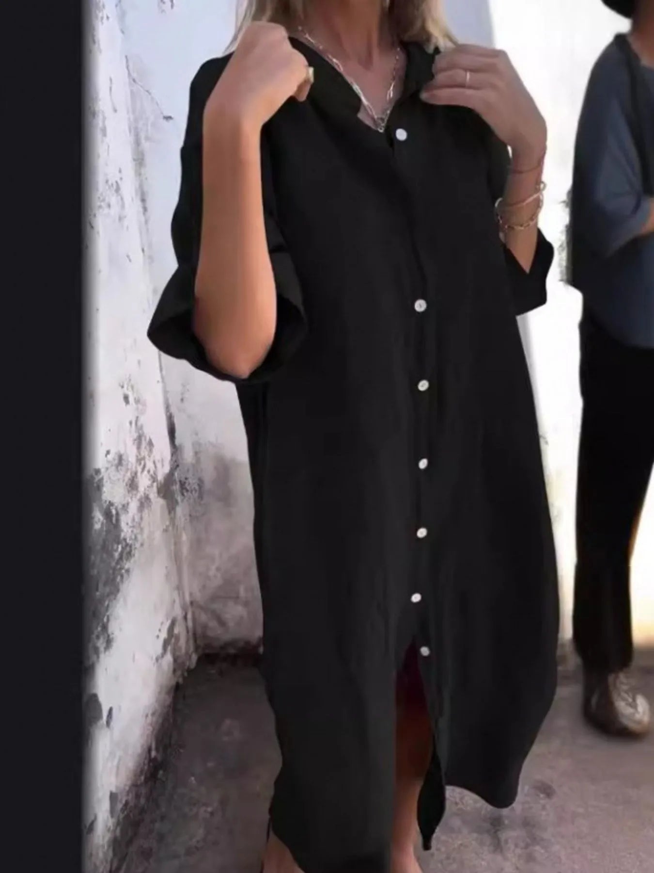 Kvinnors Linneklänning Knappfront Lång Ärmar Polyester 4