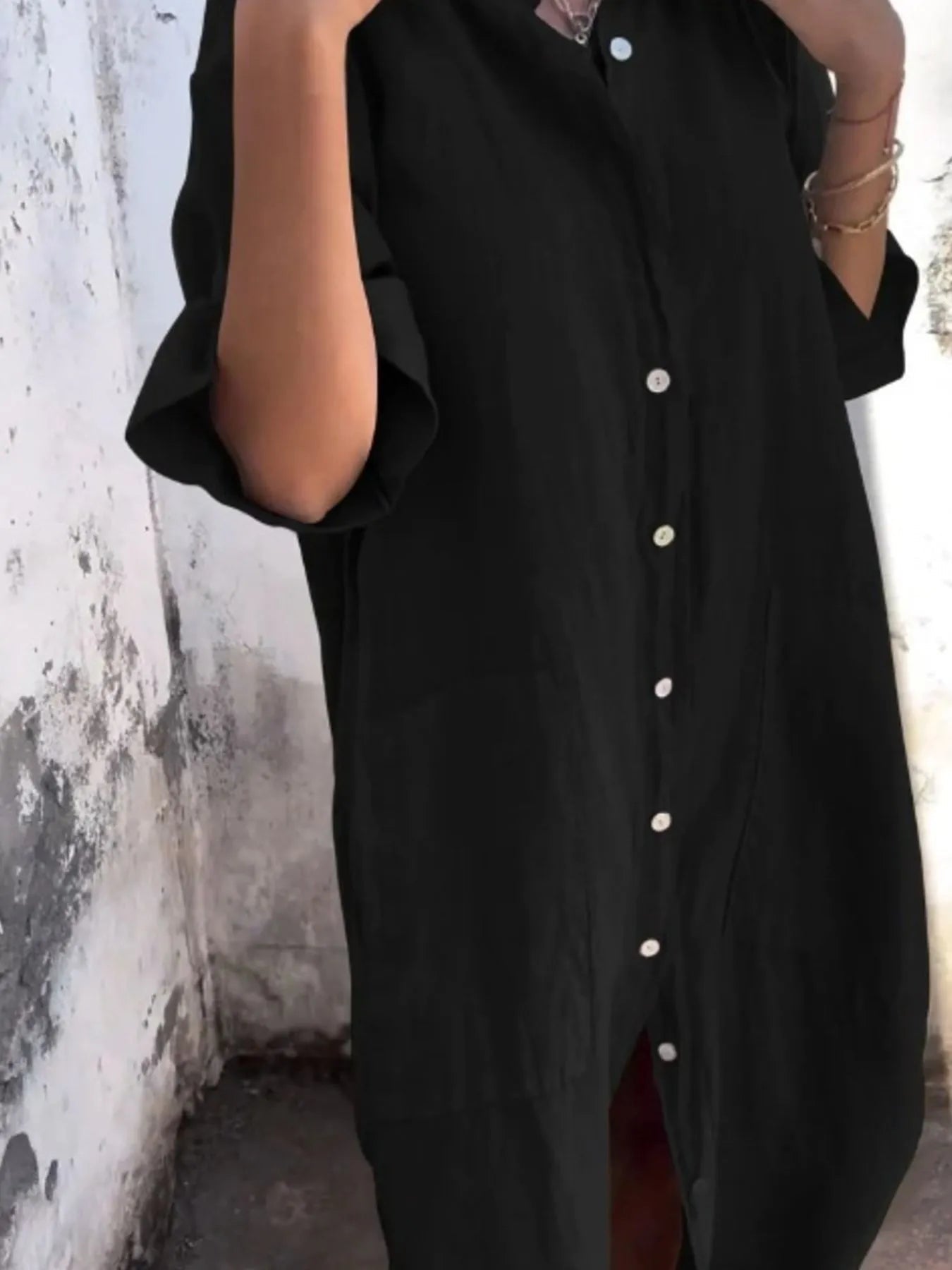 Kvinnors Linneklänning Knappfront Lång Ärmar Polyester 5