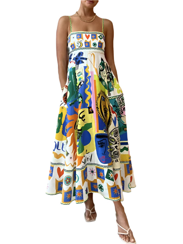 Kvinnors Maxi Klänning Fyrkantig Hals Spaghetti Remmar Blommig Graffiti Tryck Polyester Bomull 0