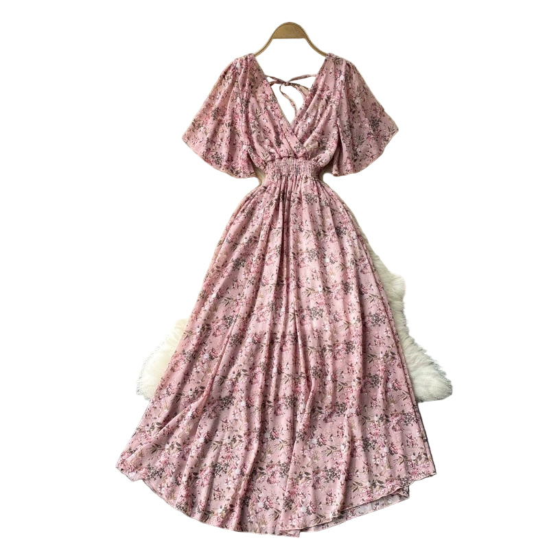 Kvinnors Maxi Klänning V-Hals Rynkad Midja Kort Flödande Ärmar 0