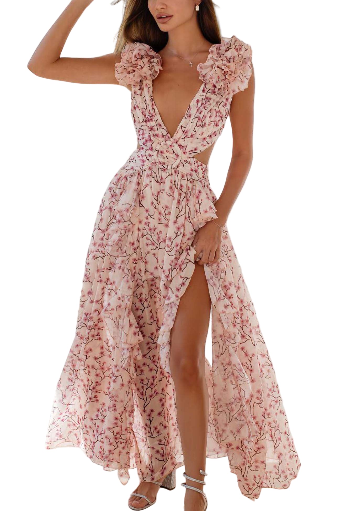 Kvinnors Maxi Klänning med Djup V-Hals och Volangärmar 0