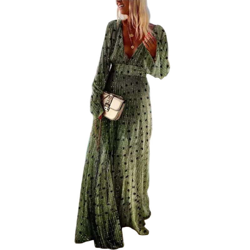 Kvinnors Maxi Klänning med Lång Ärmar och V-ringning 0