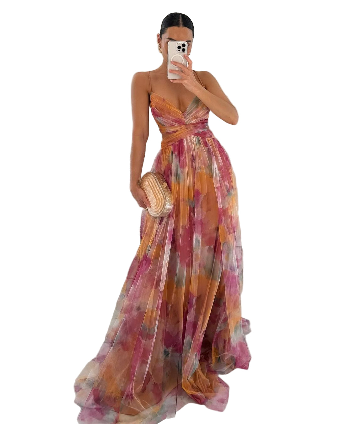 Kvinnors Maxi Klänning med Vattenfärgstryck och Korskors 0