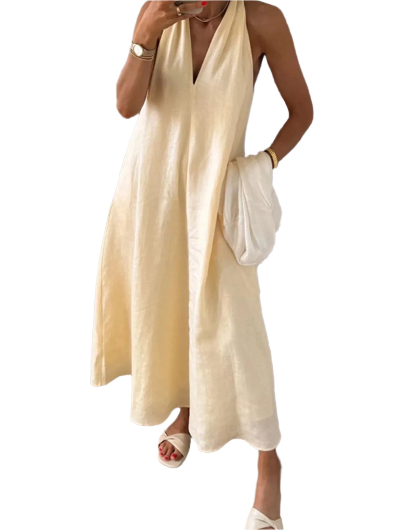 Kvinnors Midi Klänning Halterneck Linne Polyester 0