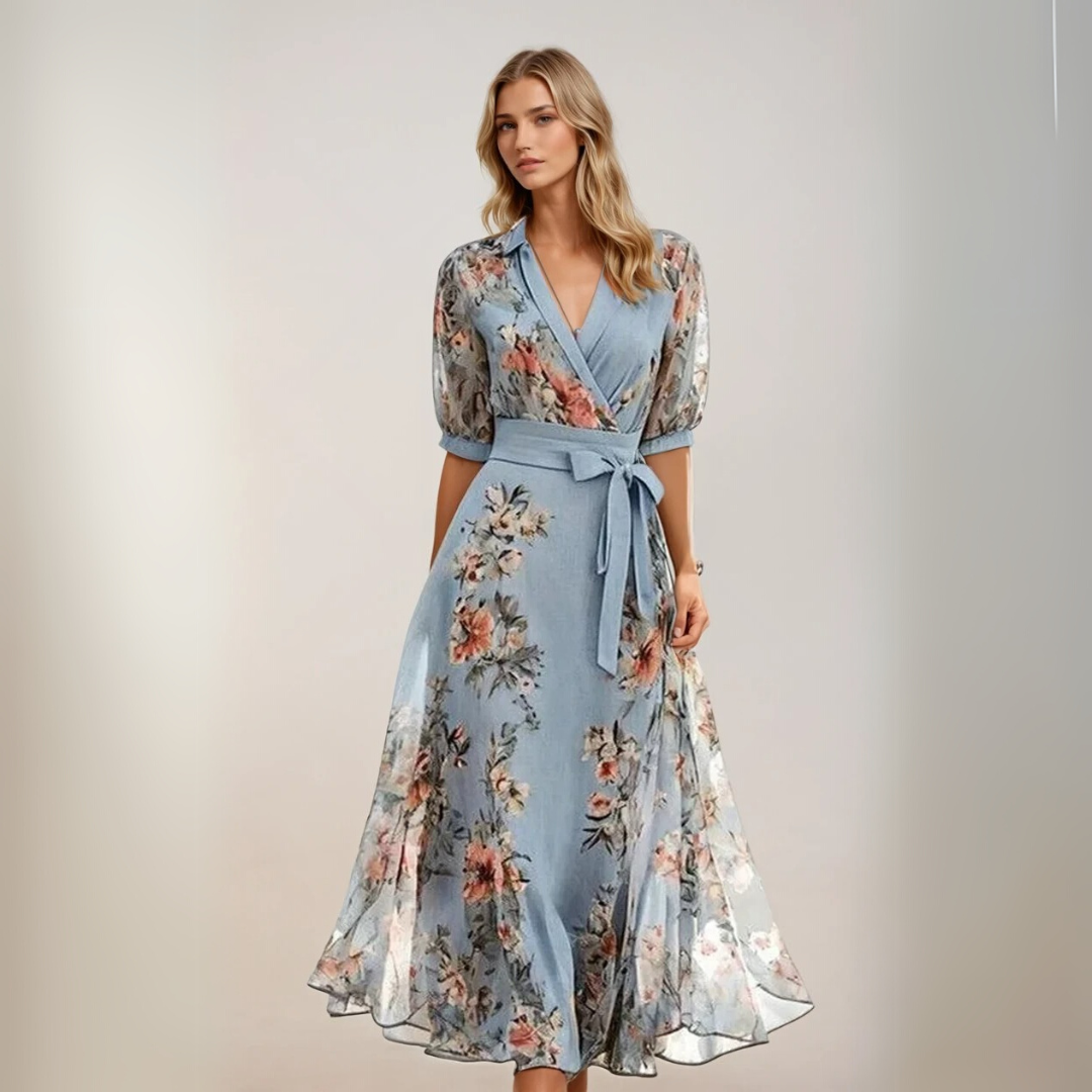 Kvinnors Midi Klänning V-Hals Flödande Tyg 1