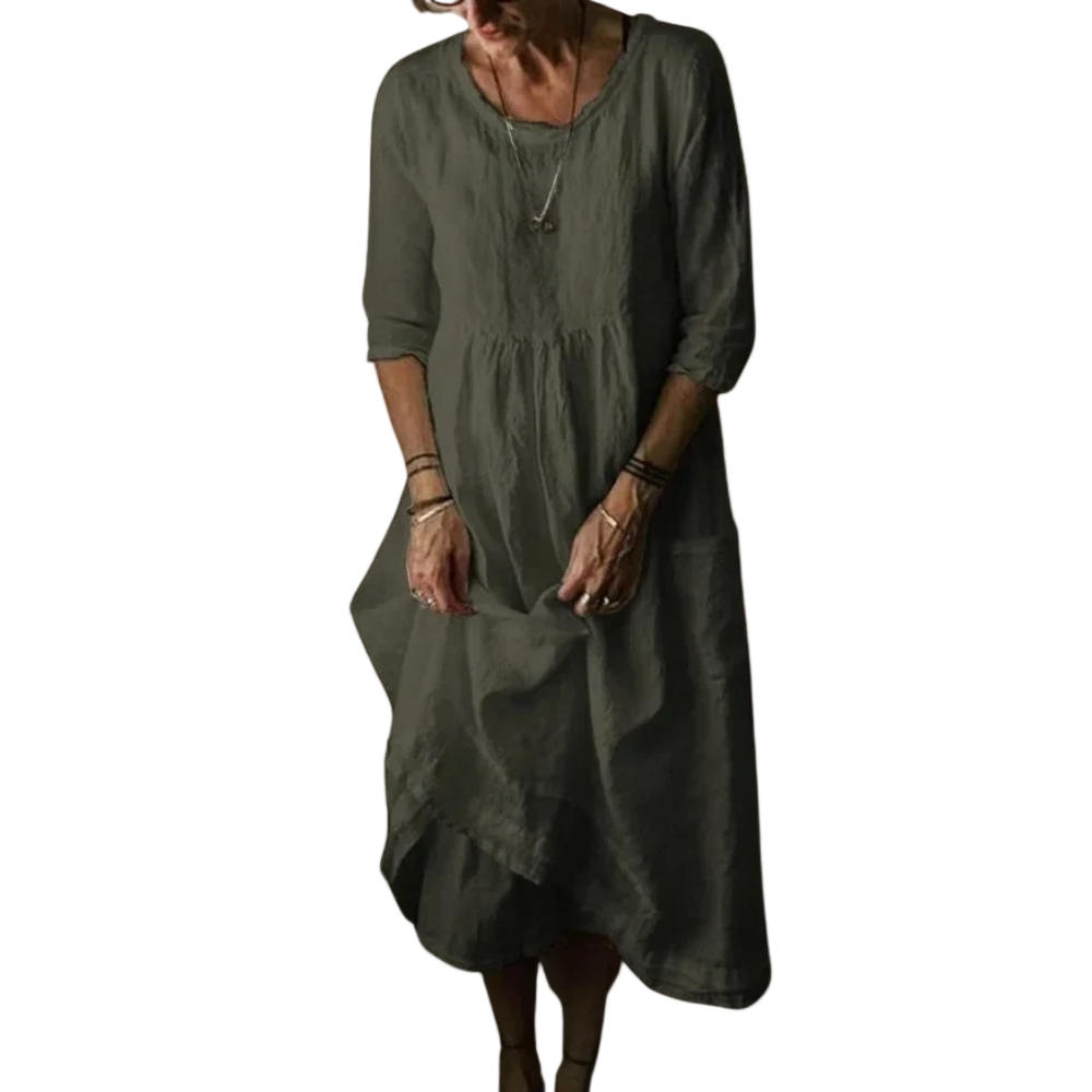 Kvinnors Midi Klänning med Albuelånga Ärmar Vintage-Inspirerad Bomullslinned 0