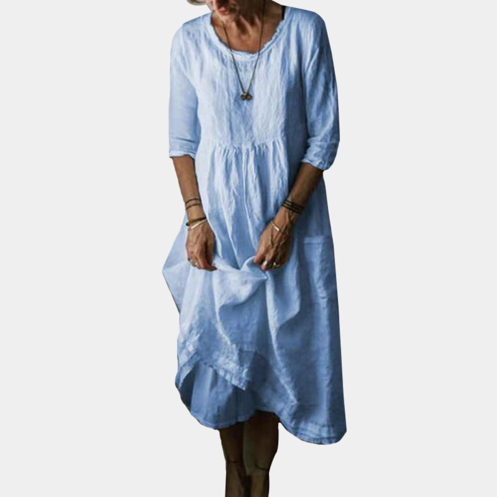 Kvinnors Midi Klänning med Albuelånga Ärmar Vintage-Inspirerad Bomullslinned 1