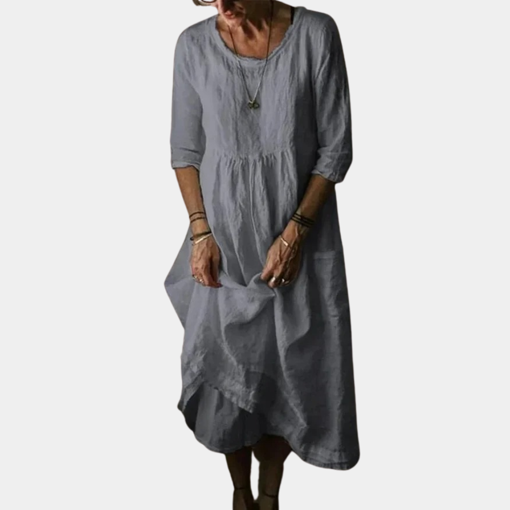 Kvinnors Midi Klänning med Albuelånga Ärmar Vintage-Inspirerad Bomullslinned 4