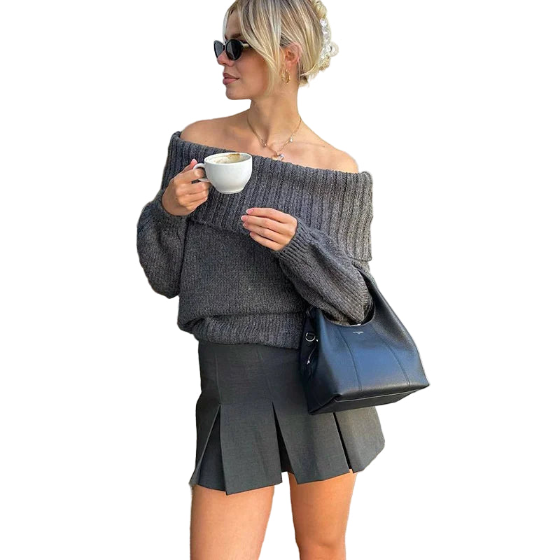 Kvinnors Off-Shoulder Stickad Tröja Trendig 0