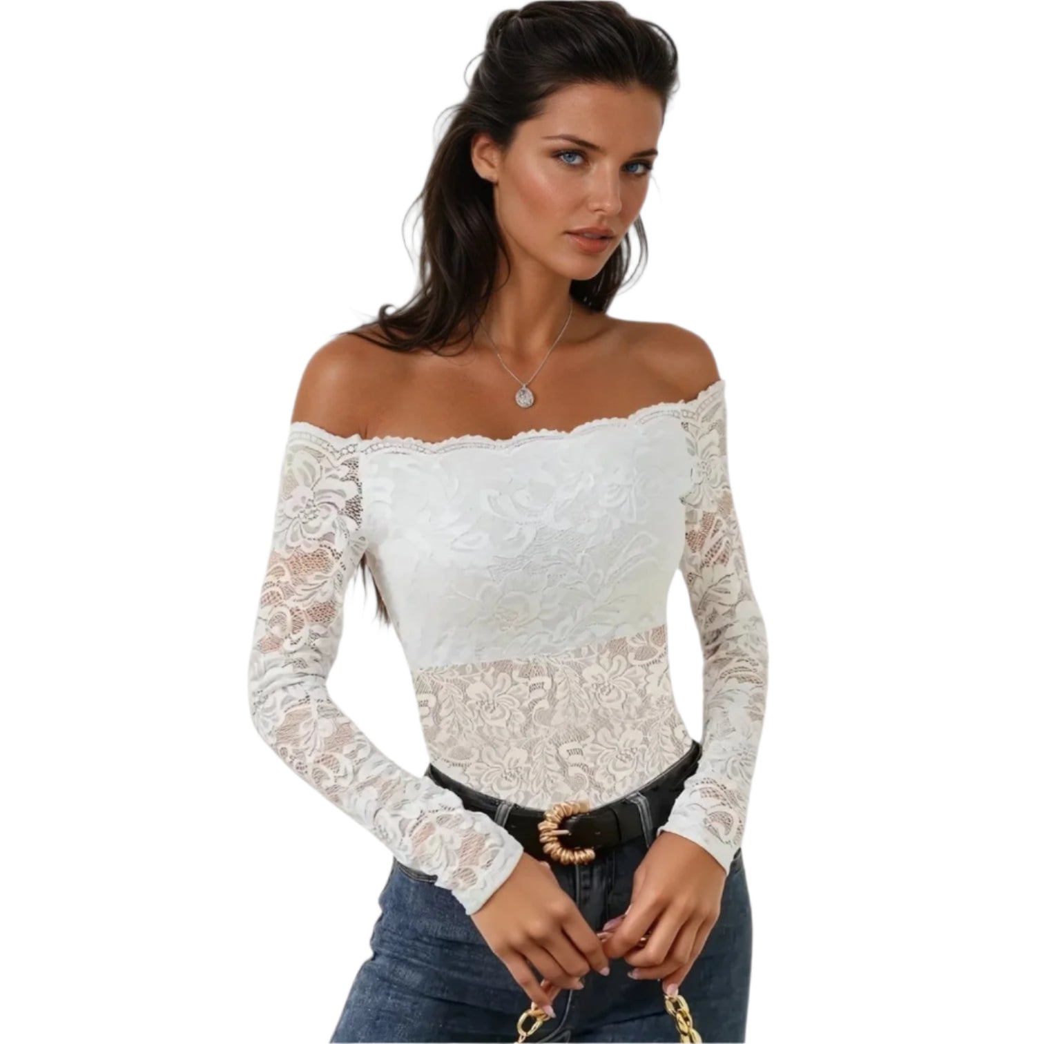 Kvinnors Off-Shoulder Top i Spets med Långa Ärmar 0