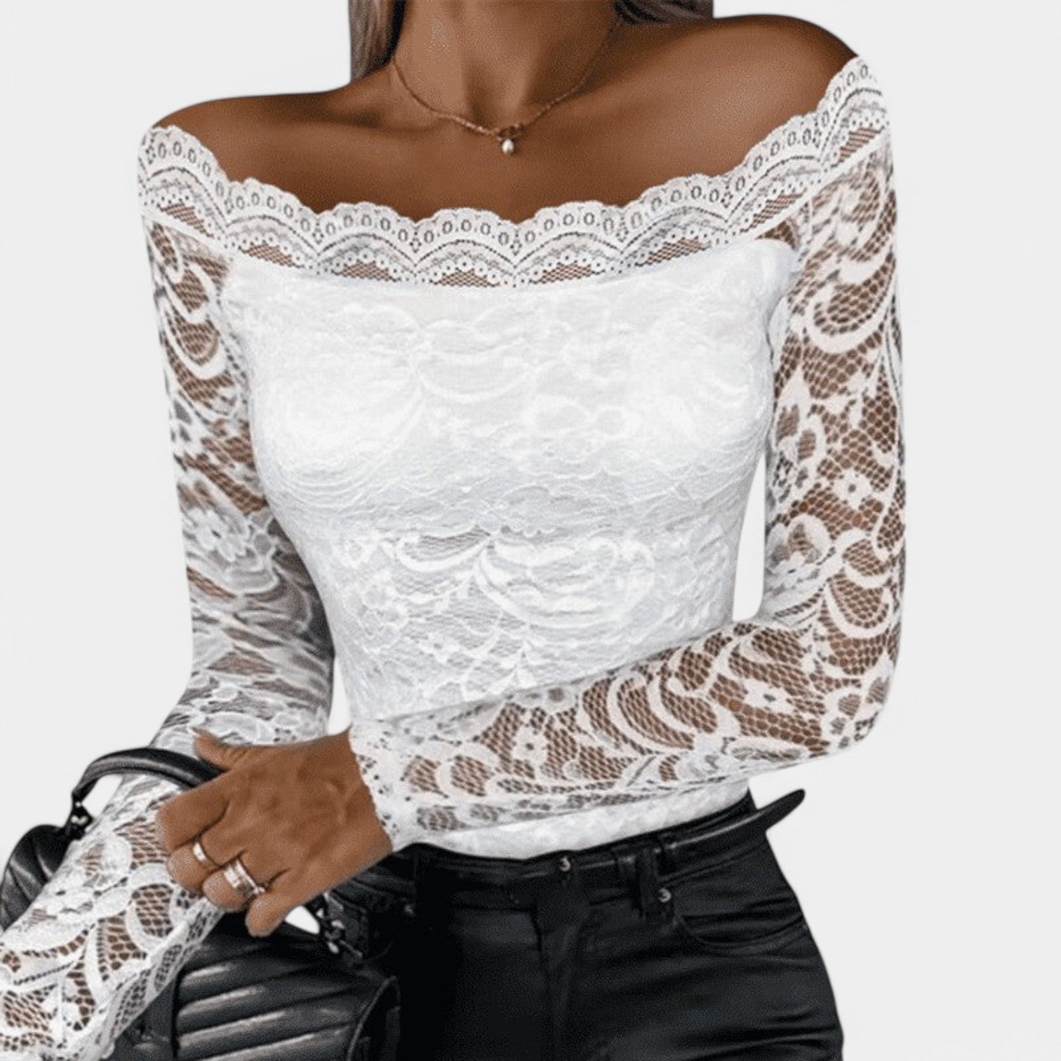 Kvinnors Off-Shoulder Top i Spets med Långa Ärmar 6