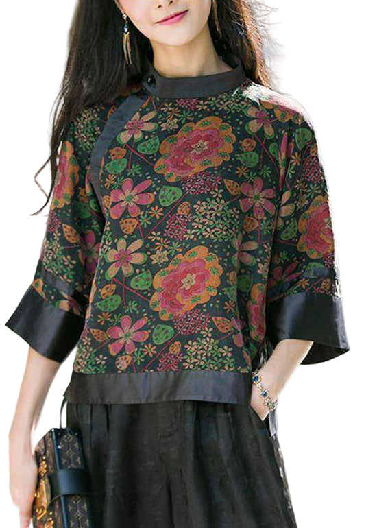 Kvinnors Sidentopp med Stativkrage och Patchworkdesign 0