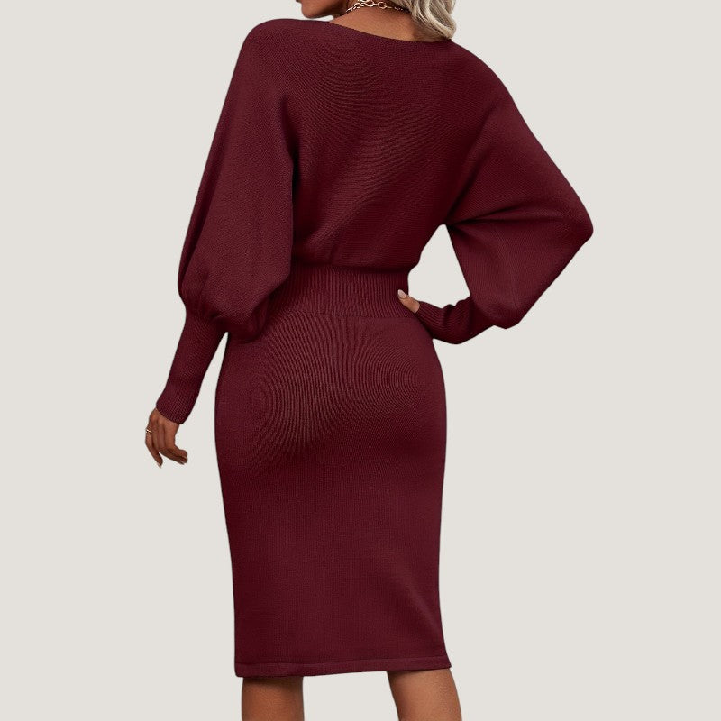 Kvinnors Stickad Klänning Med Långa Ärmar 2