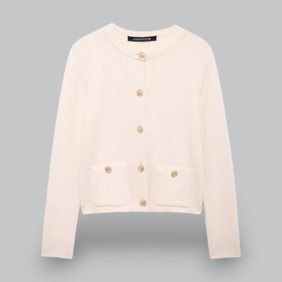 Kvinnors Stickad Kofta Med Guldknappar Stilren Design 9