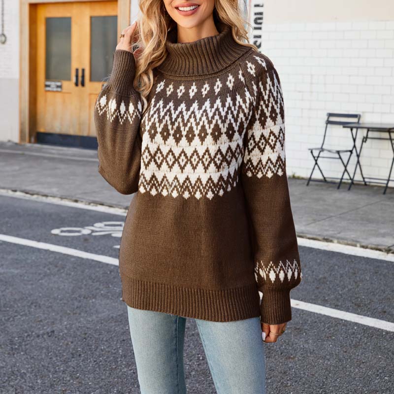 Kvinnors Stickad Tröja Hög Krage Geometriskt Mönster 10