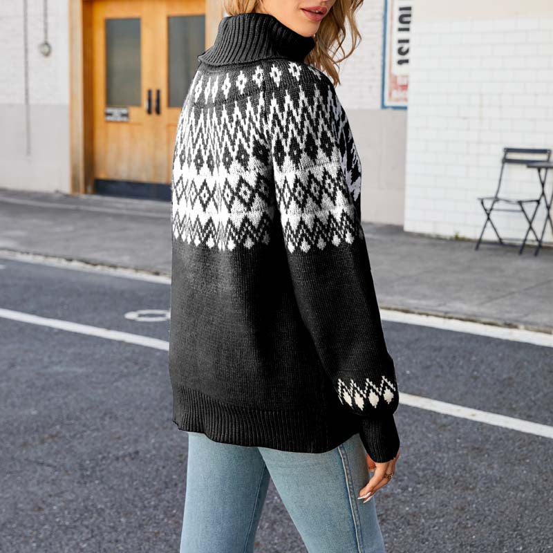 Kvinnors Stickad Tröja Hög Krage Geometriskt Mönster 8