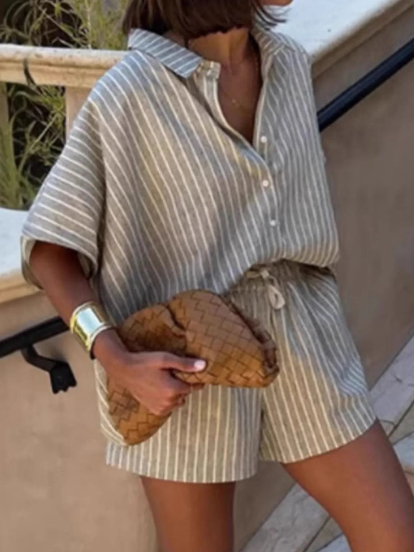 Kvinnors Topp och Shorts Set i Linne med Ränder 1