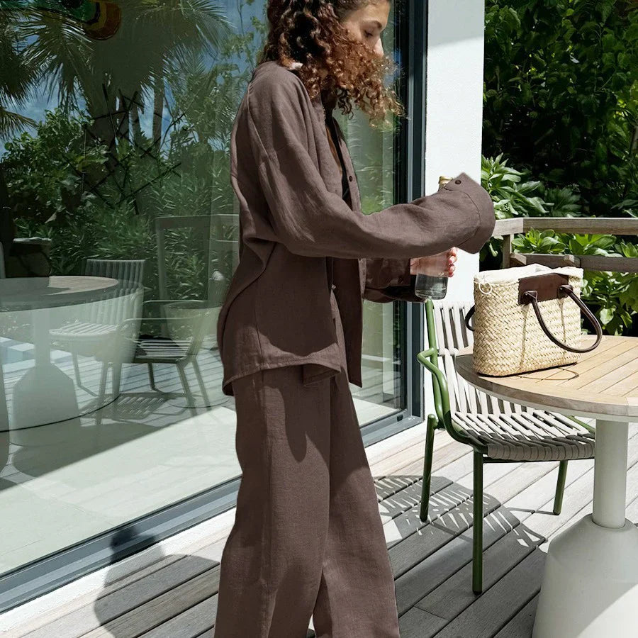 Kvinnors Tvådelad Set – Oversized Skjorta – Vida Byxor – Linneblandning 4