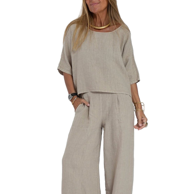 Kvinnors Tvådelat Set Linneblandning Avslappnad Passform Kortärmad Topp & Vida Byxor 0