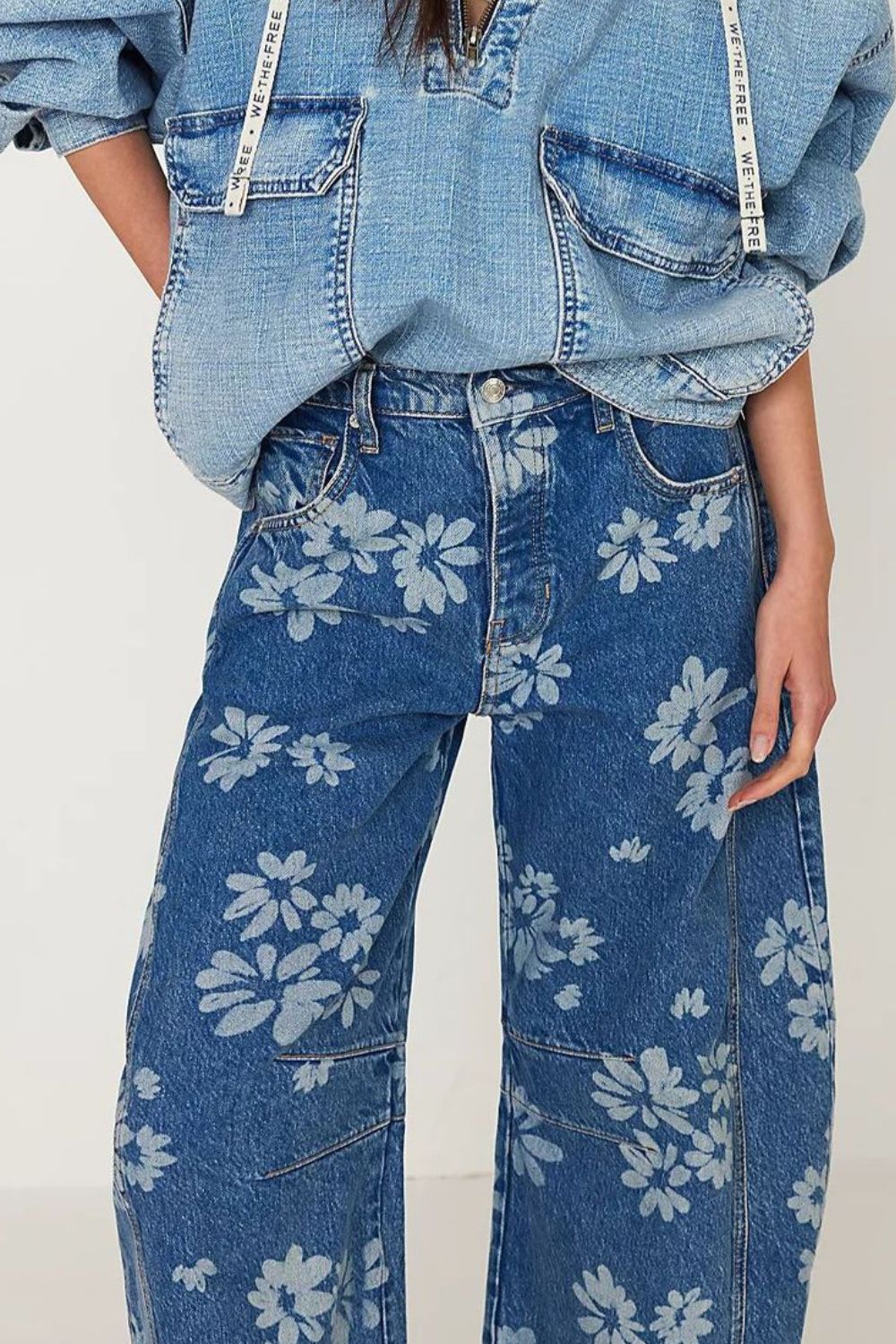 Kvinnors Vidbyxjeans Blommigt Mönster Rayon 3