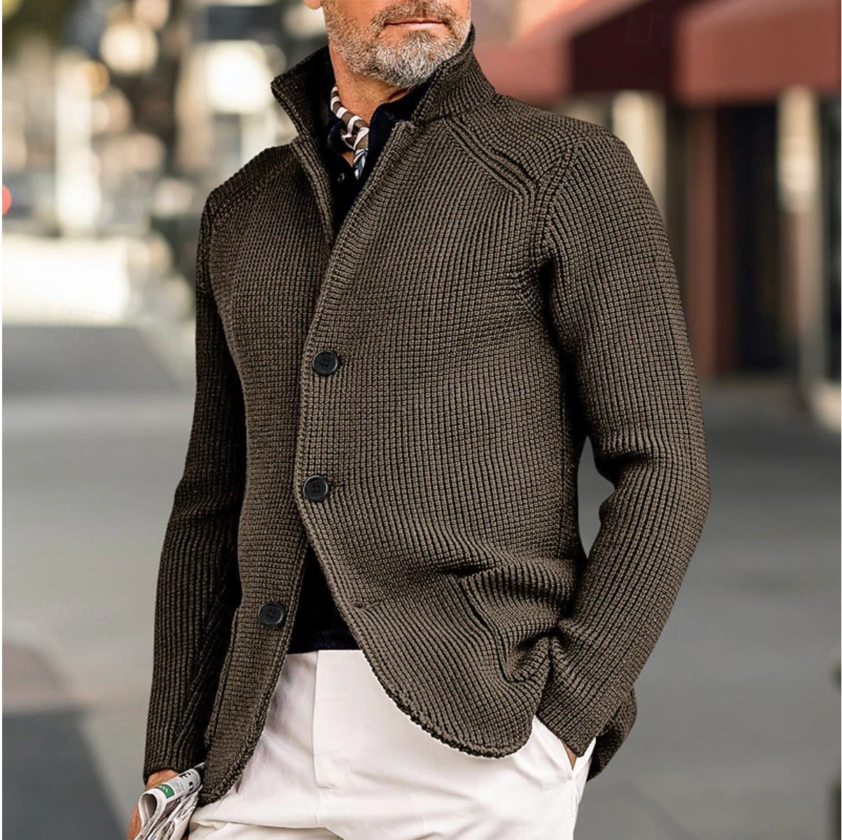Mäns Cardigan med Ribbad Textur och Hög Krage 4